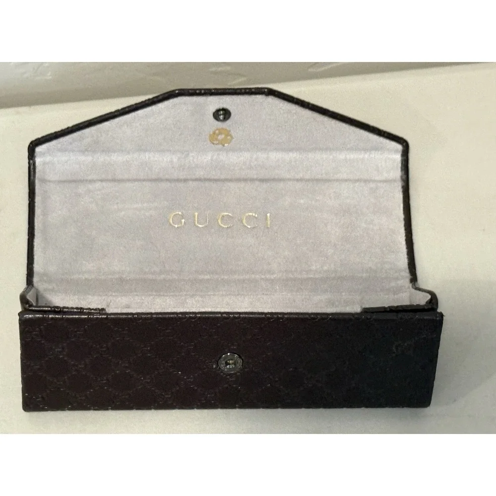 GUCCI Brown Embossed Leather Hardshell Folding Triangle Glasses Case Suede